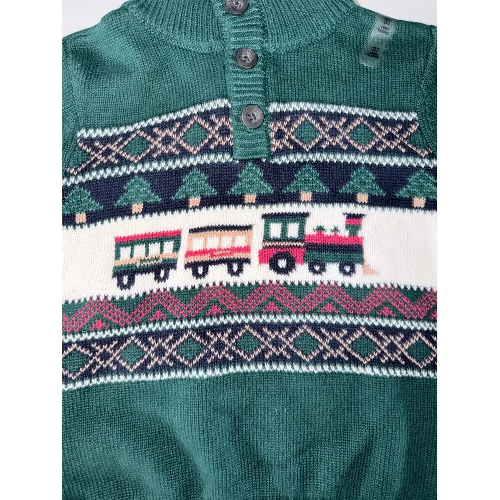 NWT toddler boys green sweater 3T button collar Choo Choo trains 100% cotton
